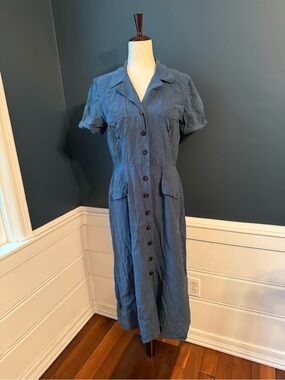 Vintage Nancy Crystal Silk Button-Front Maxi Dress in Dusty Blue